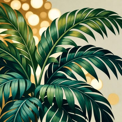 Green Palm Leaves with Golden Bokeh