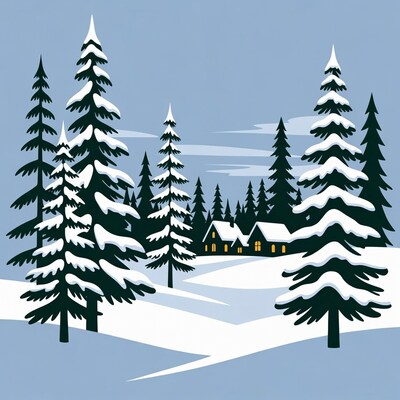 Snowy Pine Forest with Cabins