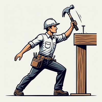 Cartoon man hammering nail into wood