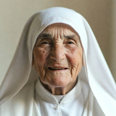 Elderly nun smiling in white habit