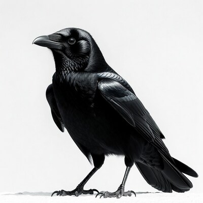 Black raven standing on white background