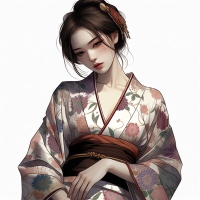 Asian woman in floral kimono