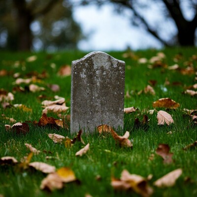 Gravestone in autumn leaves grass
