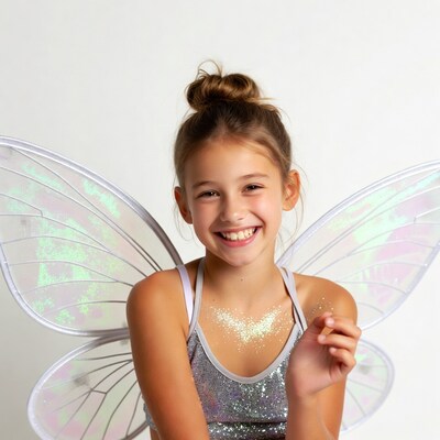 Girl in fairy wings smiling