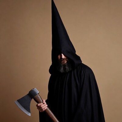 Bearded man in black hooded robe holding axe