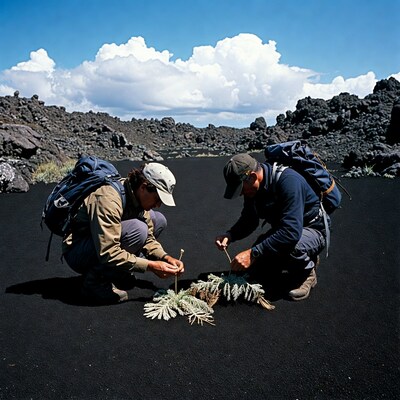 Two men examining plant on lava field