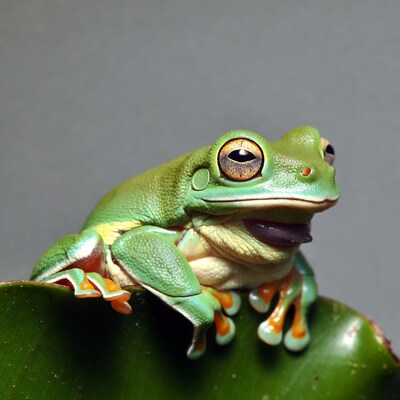 Green tree frog on leaf