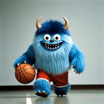 Blue furry monster holding basketball