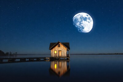 Wooden Cabin on Dock with Moon Reflection
