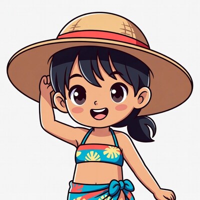 Chibi girl waving in straw hat bikini