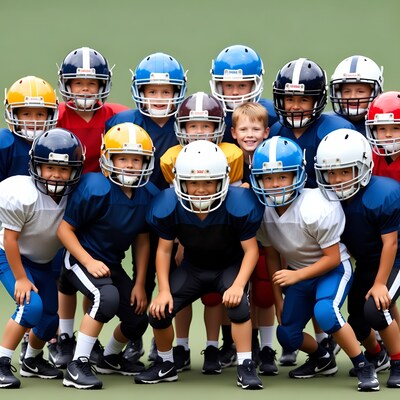 Youth football team huddle on field