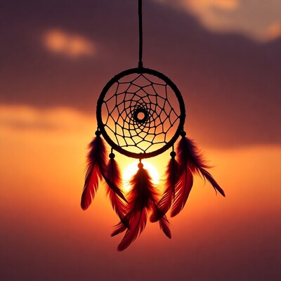 Dreamcatcher with feathers at sunset