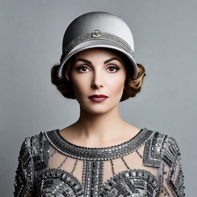 Woman in silver cloche hat and beaded dress
