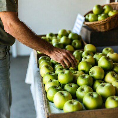Man picking green apples at market