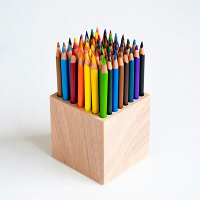 Colorful Pencils in Wooden Holder