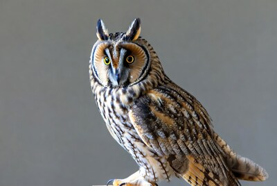 Long-eared owl on gray background