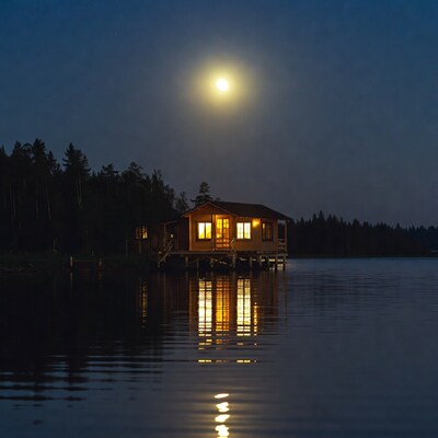 Lit cabin on lake under full moon