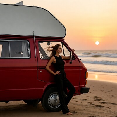 Woman leaning on red camper van at sunset beach