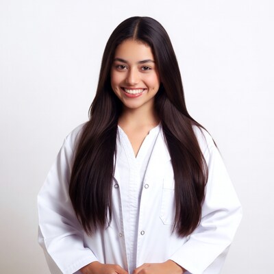 Smiling Latina woman in white lab coat