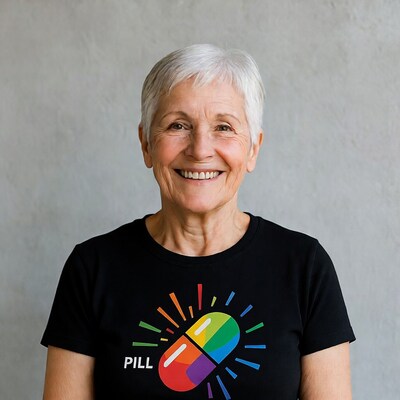 Elderly woman smiling in PrEP pill t-shirt