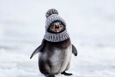 Baby penguin wearing knit hat snow