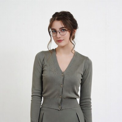 Woman in gray cardigan and skirt glasses