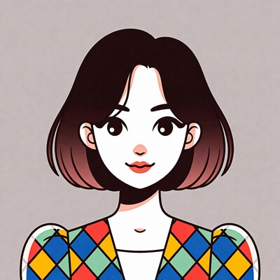 Asian woman in colorful harlequin blouse illustration