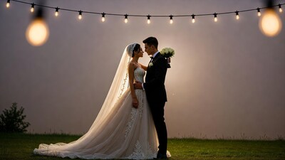 Bride and groom embracing under string lights