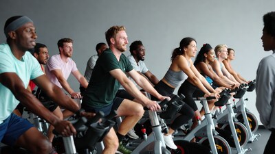 Group spin class on exercise bikes