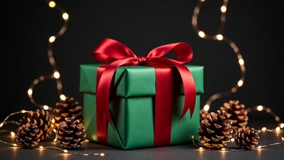 Green Christmas gift with red bow