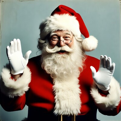 Smiling Santa Claus raising gloved hands