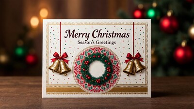 Merry Christmas Card with Wreath Bells