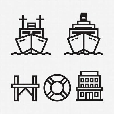 Line icons of ships pier lifebuoy building