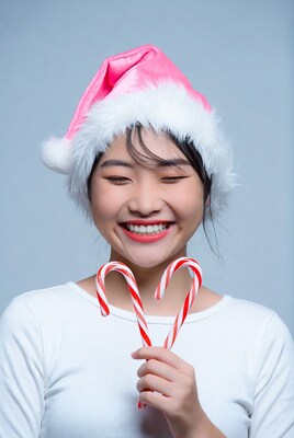 Asian woman in pink Santa hat holding candy canes