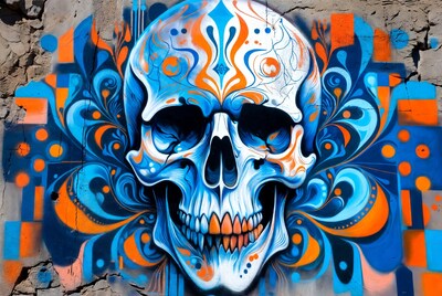 Colorful Blue Orange Skull Graffiti