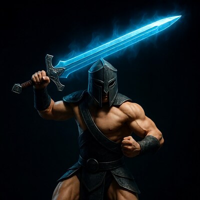 Muscular warrior holding glowing blue sword