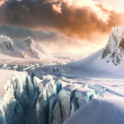 Glacier Mountains Dramatic Sunset Sky
