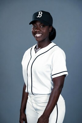 African-American woman in Boston baseball uniform