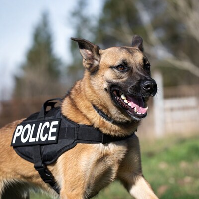 Police Dog Smiling in Vest