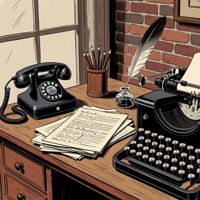 Vintage typewriter on wooden desk illustration