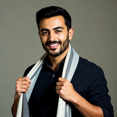 Smiling man holding scarf