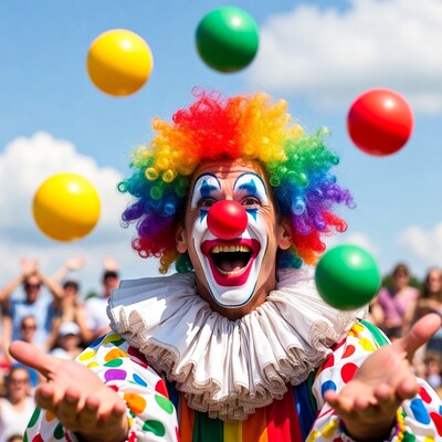 Clown juggling colorful balls