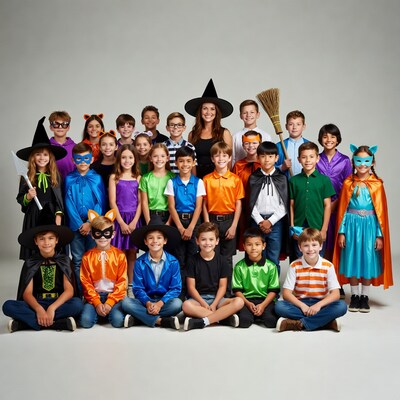 Kids and teacher in Halloween costumes