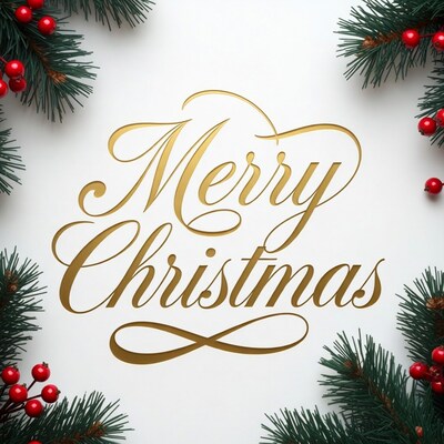 Merry Christmas gold text with fir branches