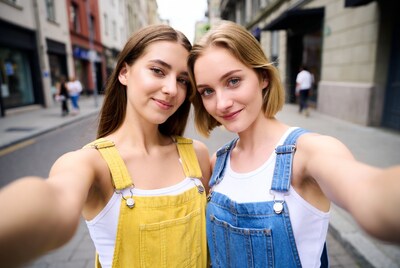 Two women in yellow blue overalls selfie