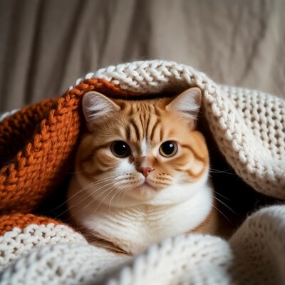 British Shorthair kitten under blanket