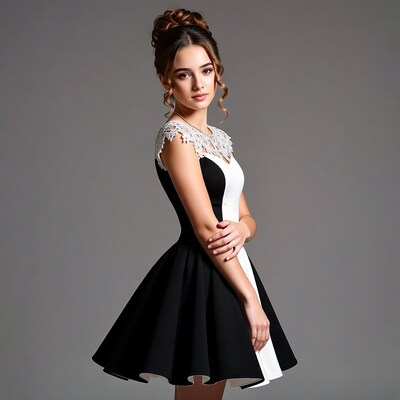 Woman in black white lace dress