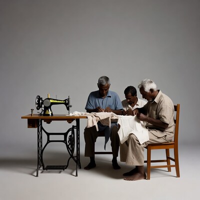 Three elderly men sewing at machine