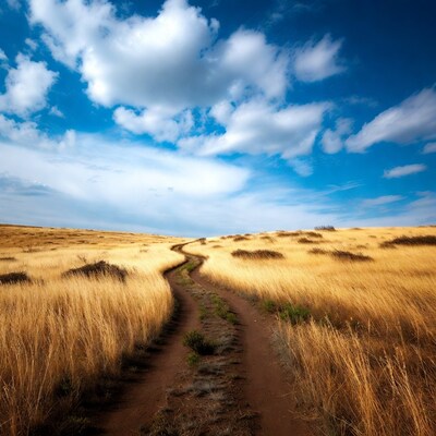 Winding path through golden grass field