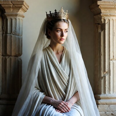 Woman in crown and veil with columns